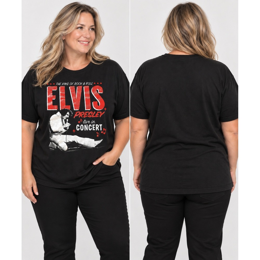 Elvis Presley Live in Concert Graphic T-Shirt Black Unisex 2XL King of Rock Roll